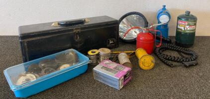 Vintage John Deere Metal Toolbox with Propane Tank, Spotlight, Oil Cans, Drill Bits & More