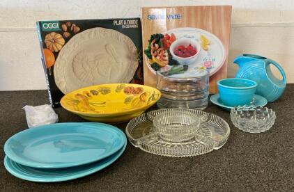 Vintage Fiesta Turquoise Lot, OGGI Turkey Platter, Savoir Vivre, Hand-Painted & Glass Serveware