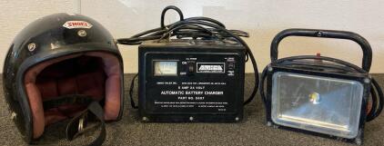 Shoei Open Face Helmet, Amigo 5A 24V Battery Charger, Husky LED Flood Light