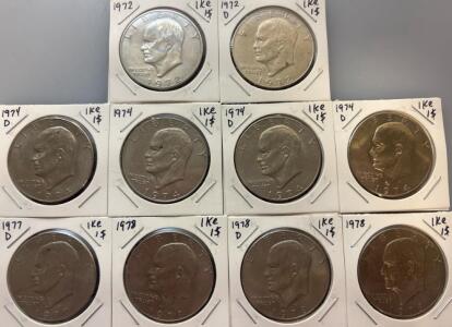Eisenhower Dollar 10-Coin Lot, 1972&ndash;1978, Mixed Mint Marks, $1 Ike Coins