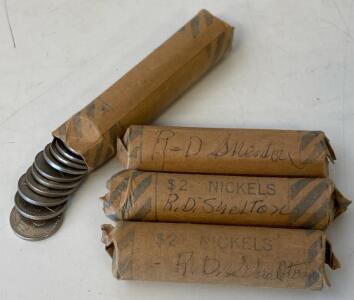 (4) Rolls Of U.S. Jefferson Nickels, $8 Face Value, Hand-Wrapped, Circulated, Kraft Paper Wrapping
