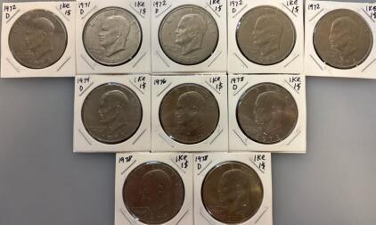 10 Eisenhower Ike Dollar Coins 1971&ndash;1979 Mixed Mintmarks, $1 US, 38.1mm Cupronickel Lot