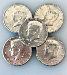 1971 Kennedy Half Dollar Coins, Copper-Nickel, Circulated, Mixed Mint Marks, Lot of 5