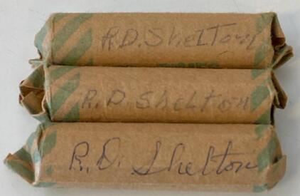 3 Rolls US Roosevelt Dimes, 150 Coins, Cupronickel, "R.D. Shelton" Marked Paper Wrappers