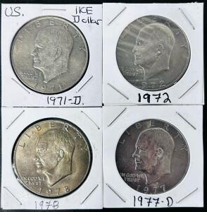 Eisenhower (Ike) Dollar Coin Lot: 1971-D, 1972, 1977-D, 1978, Copper-Nickel, Circulated