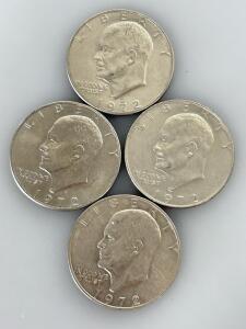 1972 Eisenhower Dollar Coins Lot of 4, $1 U.S., Copper-Nickel Clad, Circulated, 38.1mm Diameter