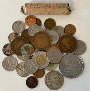 Mixed Coin Lot: US Buffalo Nickels, UK Pennies, Canada $2, Classic Silver, Waltham Tin
