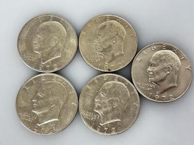 1972 Eisenhower Dollar Lot &ndash; 5 Coins &ndash; Copper-Nickel Clad &ndash; U.S. Dollar, Apollo 11 Reverse