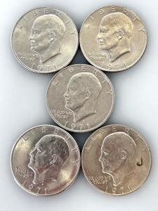 1971 Eisenhower Dollar Coins, Set of 5, Copper-Nickel, Circulated, U.S. One Dollar