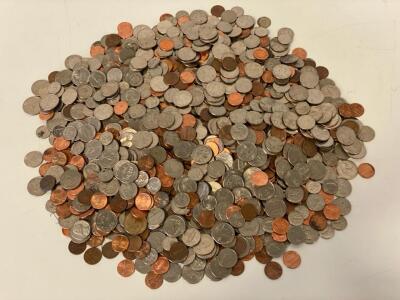 Bulk Lot: 600+ U.S. Foreign Coins, Medals, Tokens, 1954&ndash;1994, Thomas Jefferson Stamp, In Tin