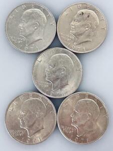 (5) 1971 Eisenhower Dollar Coins, Copper-Nickel, Circulated, Philadelphia, 38.1mm Diameter