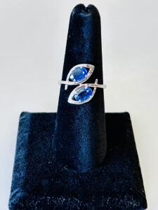 Sterling Silver Ring With 2 Blue Pear-Shaped Sapphires, 3.46g, 2.01ct Total, Model K16E2 (Size 6.5)