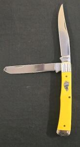 Ka-Bar Dog Head Trapper Folding Knife Yellow Handle 2-Blade USA Clip & Spey Blade