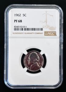 1962 Jefferson Nickel 5C PF68 NGC Proof, No Mint Mark, Felix Schlag Design, Certification #8340153-011