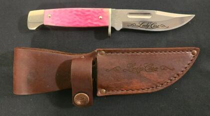 Case 678-3&frac12; Lady Case Fixed Blade Knife, 3.5" SS Blade, Pink Handle, Leather Sheath USA