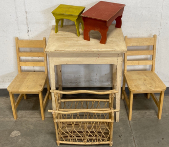 Desk, Kids' Chairs, Magazine Rack, and (2) Step Stools