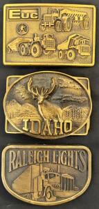 Vintage Brass Belt Buckles Set &ndash; Raleigh Lights, Euclid Construction Trucks, Idaho Deer