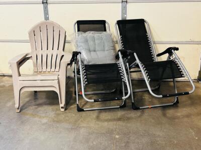 Set of 4 Outdoor Chairs: 2 Zero Gravity Recliners w/Cushion, 2 Plastic Adirondack Chairs, Black/Beige