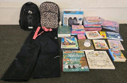 Lot: 2 Backpacks (REX, Leopard Print), Snow Pants, Wetsuit Seat Covers, 23 Children&rsquo;s Books, Stationery