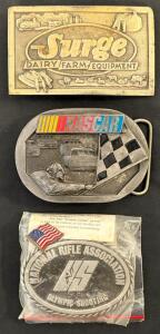 NRA Olympic Shooting, Surge Dairy, NASCAR Racing Collectible Pewter/Brass Belt Buckles, 3 Pc Lot