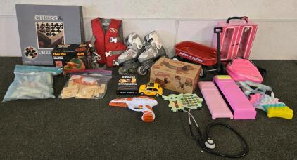 Large Lot Of Various Toys & Games: Roller Blades, Chess, Barbie Accessories & More