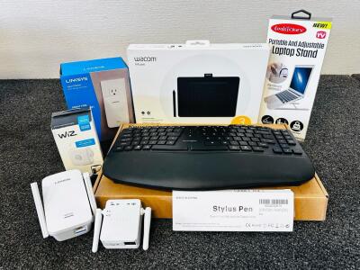 Electronic Lot Including: Wacom Intuos Medium Pen Tablet CTL-6100WLK0, Black, Bluetooth, Pen Included, Original Box, Stylus Pen, Keyboard, Wifi Range Extender, Motion Sensor and More (Unable To Test)