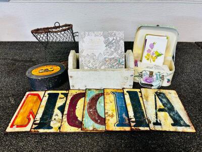 Decor Lot: Vintage Metal Letters, Greeting Cards, Animal Kingdom Coloring Book, Rustic Storage