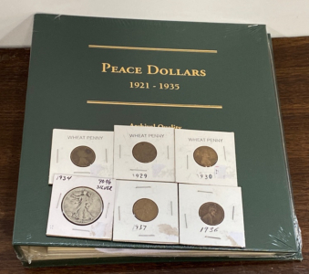 Peace Dollar Coin Album, Wheat Pennies and 1934 Walking Liberty Half Dollar