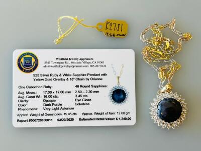 Orianne 925 Silver Pendant Necklace, 16ct Dark Purple Ruby, 3.45ct White Sapphires, Gold Overlay, 18"