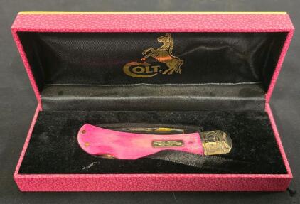 Colt Lady Colt CT378 Pink Bone Lockback Folding Knife 2.87" Blade, Brass Engraved Bolsters, Display Box