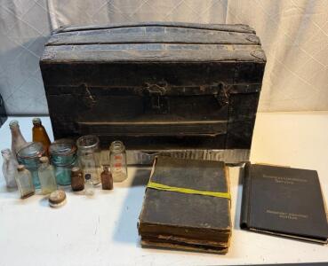 (12) Vintage Glass Bottles (1) Vintage Holy Bible (1) Vintage Chest