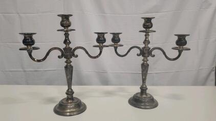 Pair Silver-Plated Three-Arm Candelabra Candle Holders, Classic Design, 13" Tall