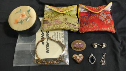 (1) Vintage Sterling Silver Black Stone Pendant, (1) Vintage Ceramic Heart Pendant Necklace: Hand-Painted Pink Flowers, (1) Vintage Oval-Shaped Cloisonn&eacute; Enamel Brooch Featuring a Floral Design in Shades of (Pink, White, and Green w/ Gold-Tone Metal Accen