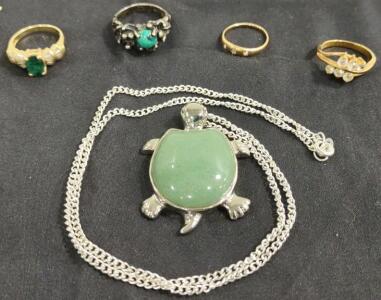 (1) 24" Turtle Natural Jade Pendant Necklace & (4) Assorted Gemstone Rings