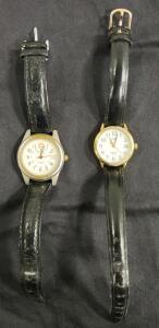 (1) Vintage Wenger S.A.K. Design Swiss Military Watch & (1) Timex Women's Easy Reader Indiglo Watch, Specifically Model T2H341, Featuring a Gold-Tone Case & a Black Leather Strap