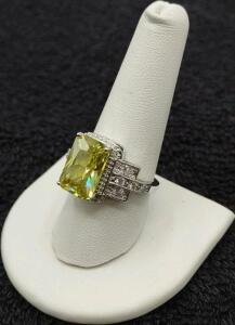 Size 9 Faceted Emerald Cut Yellow Citrine .925 Ring