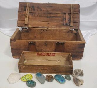 Handmade Wooden Chest with Removable Tray, Leather Straps, Includes Painted Stones & Shells