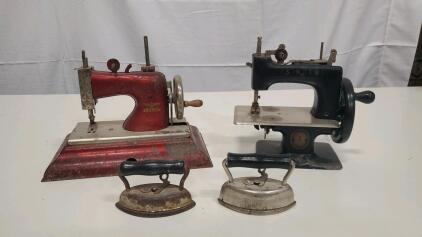 Vintage Singer & Casige Toy Sewing Machines with Toy Irons, Metal Construction