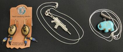 (1) Circle of Nations Handmade Natural Stone Hand Print Earrings, (1) AK 47 Pendant 24" .925 Necklace, & (1) Turquoise Gemstone Elephant w/ 24" .925 Necklace