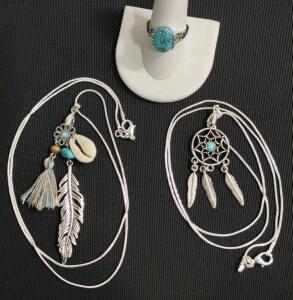 (2) Turquoise Necklaces & (1) Size 9 Natural Turquoise Gemstone Ring