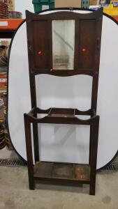 Wooden Hall Tree Stand with Mirror and Hooks, Dark Brown, Traditional Style