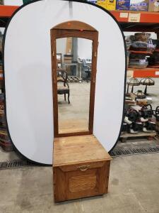 Traditional Wood Hall Tree with Mirror and Storage Box, Brass Hardware