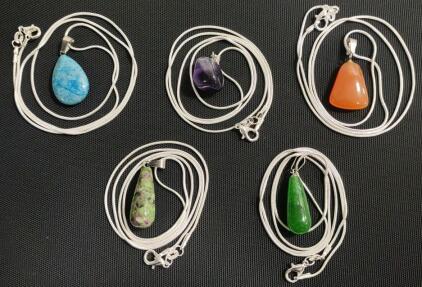 (5) Natural Gemstone 24" .925 Necklaces
