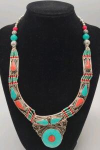 Beautiful Large Turquoise & Red Coral Necklace
