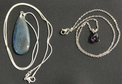 (1) 42.25ct. Blue Striped Agate Gemstone Teardrop 24" .925 Necklace & (1) Amethyst 18" Teardrop Necklace