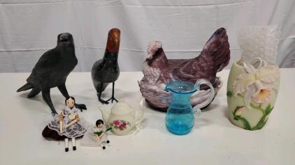 Assorted Decorative Figurines: Raven, Hen, Dolls, Blue Pitcher, Floral Vase