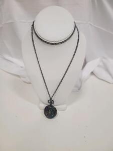 Quartz Pocket Watch Necklace, Creature Eye Motif, Analog Display, Metal Case, Long Chain