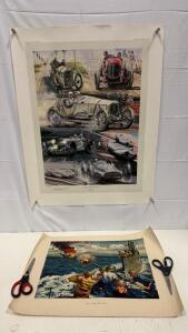(1) Vintage 25&rdquo;x32&rdquo; &ldquo;Triumphs Of The Mercedes Racing Cars&rdquo; By Nicholas A. Watts Print (1) &ldquo;Up At &lsquo;Em&rdquo; By Gerald Leake Print