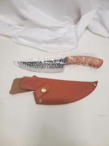 Fixed Blade Knife 6" Patterned Blade, Wood Handle, Leather Sheath, Outdoor/Hunting Style