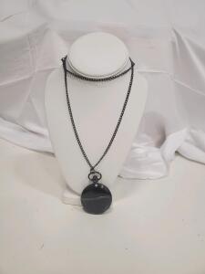 Quartz Pocket Watch with Chain, Gunmetal Case, Analog Display, Arabic Numerals, White Dial